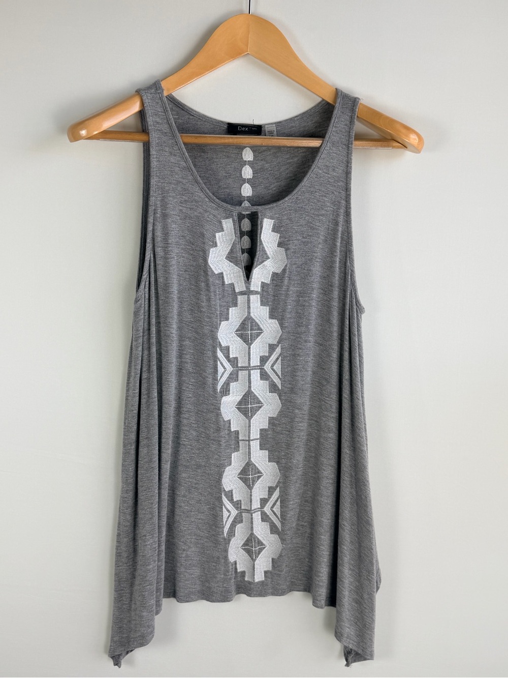 Dex Large Gray Embroidered Boho Southwestern Handkerchief Hem Tank Top